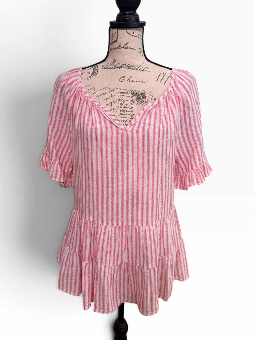 BeachLunchLounge Linen Peplum Blouse Red and White Stripe GORGEOUS!